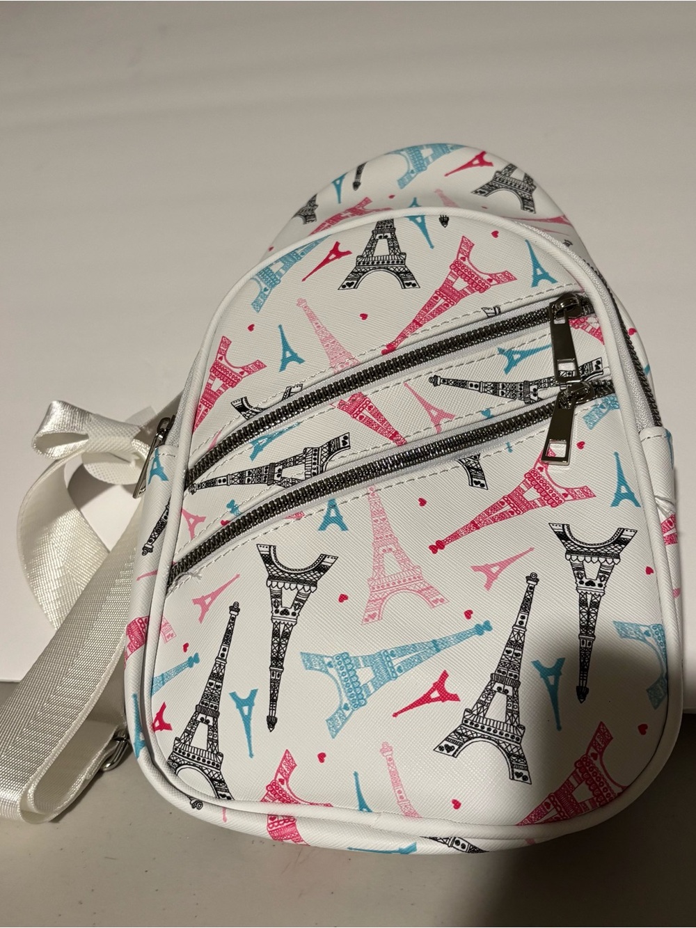 White Eiffel Tower Print Crossbody Bag - new. Blush crush